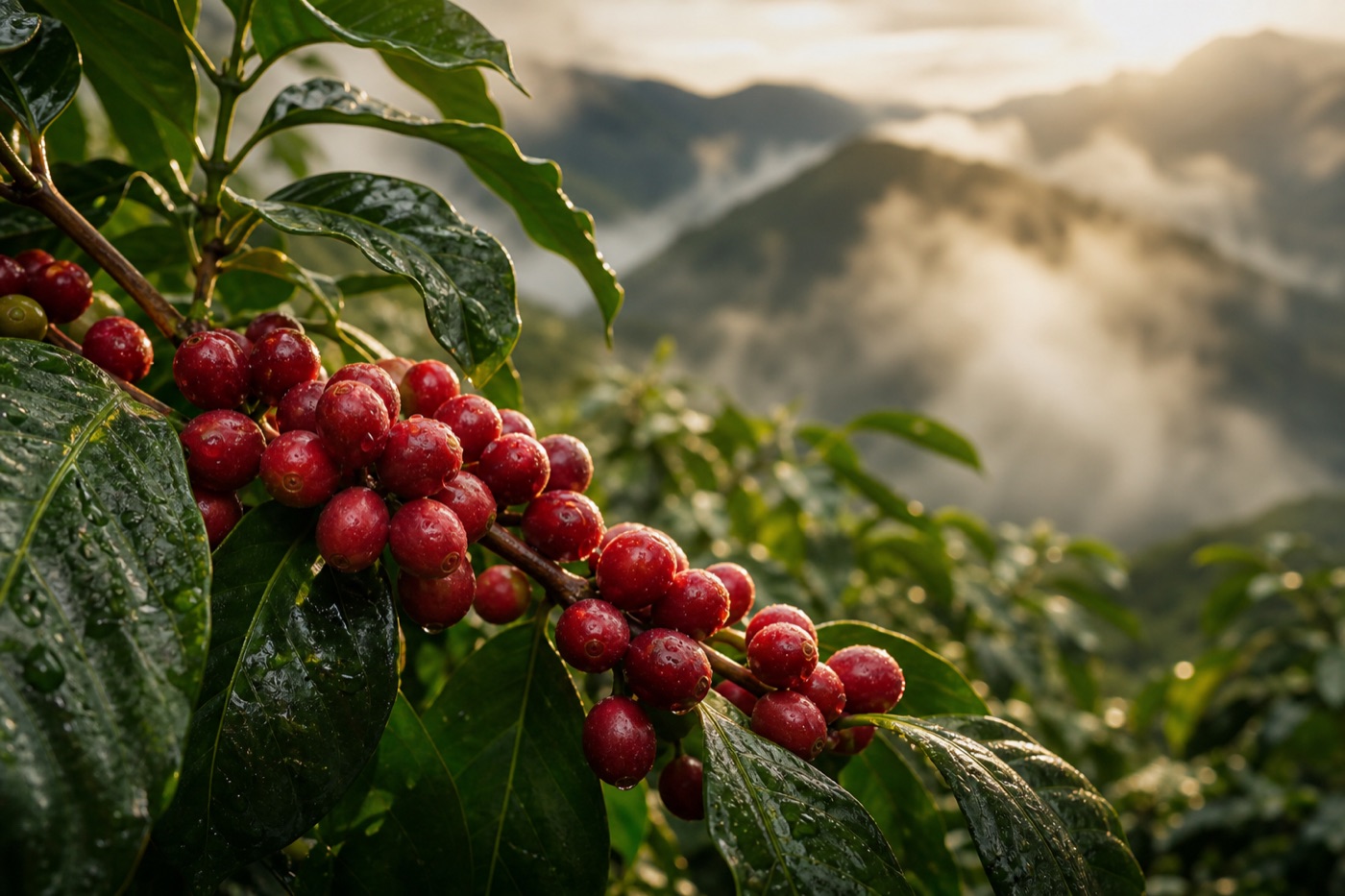 Ripe coffee cherries with mountain landscape behind them