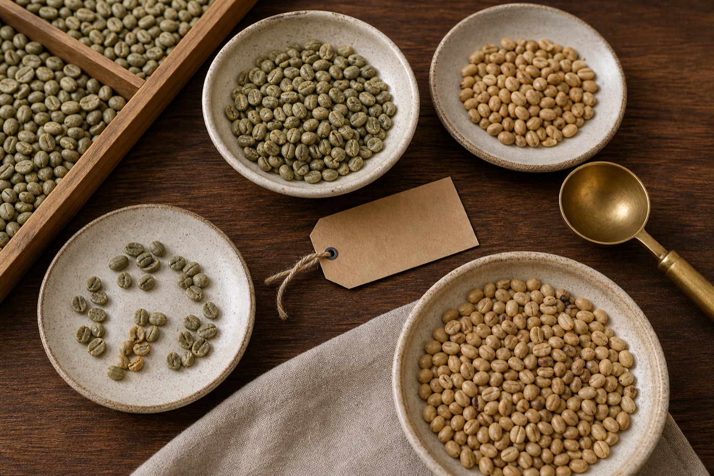 Green coffee samples arranged for grading