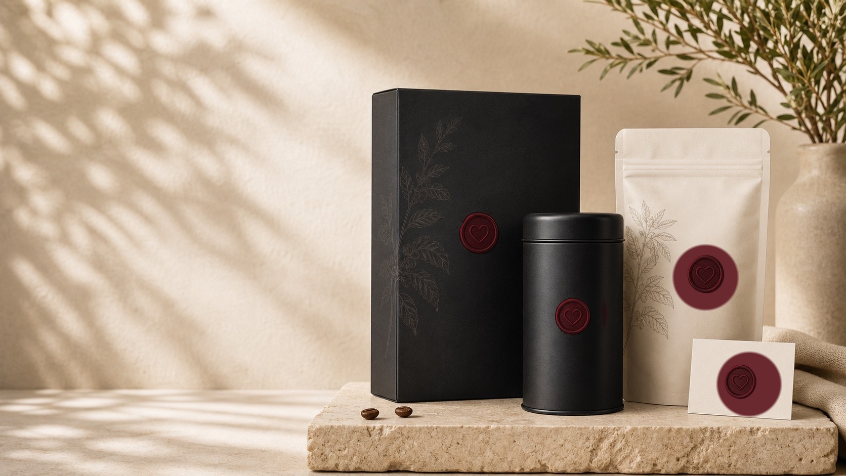 Compounding Coffee premium black tin, cream pouch, gift box, and discreet dark red heart wax seal